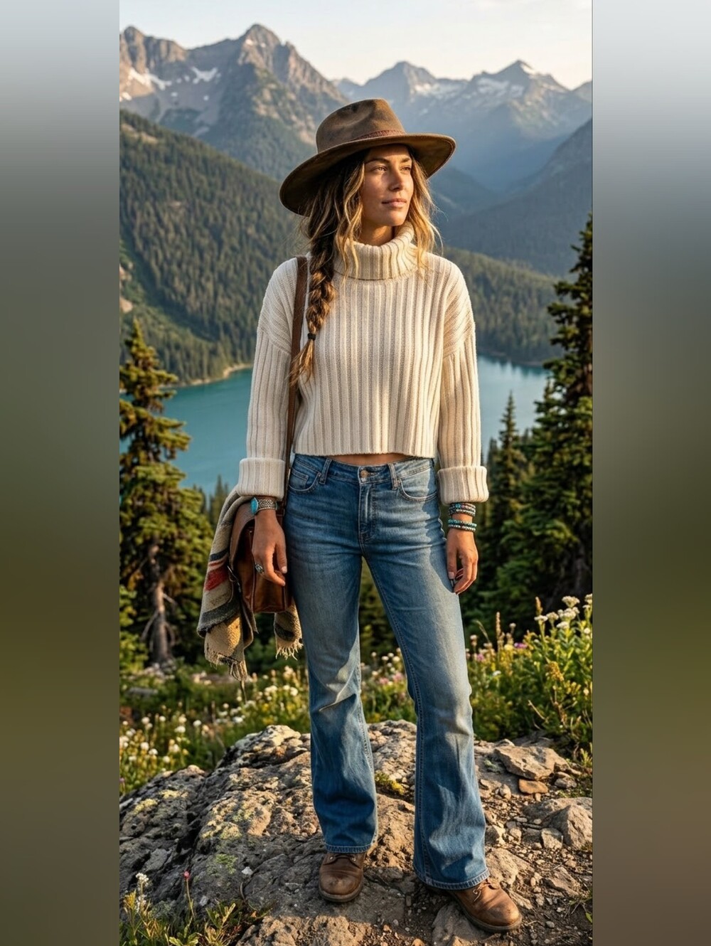 En Saison Cream Ribbed Cropped Turtleneck Sweater
